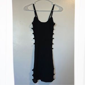 Windsor LBD black mini dress with open sides and circle rings